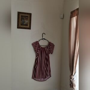 First Love Blouse Women Large Burgundy and White Striped Top Office Academia Y2K